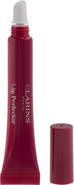 Błyszczyk Clarins Lip Perfector Plum Shimmer w bordowej tubce z białym aplikatorem, obok nakrętka.