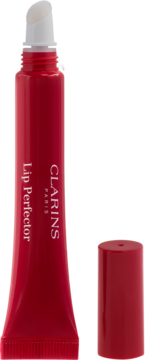 Czerwony błyszczyk Clarins Lip Perfector Intense Garnet z aplikatorem, zdjęta nakrętka obok tubki.