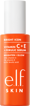 e.l.f. SKIN Bright Icon rozjaśniające serum z witaminą C, E i kwasem ferulowym w pomarańczowej butelce.