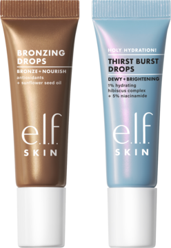 Dwa travel-size elfy SKIN: brązujące krople w brązowej tubce i nawilżające Thirst Burst Drops w niebieskiej, widok przód.