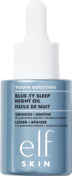 Niebieska butelka olejku elf SKIN Youth Boosting Blue-Ty Sleep Night Oil z 1% retinoidem, widok z przodu.