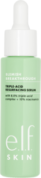 e.l.f. SKIN Blemish Breakthrough Serum kwasowe w zielonej butelce z pipetą, 8,5% kwasów, 10% niacynamidu.