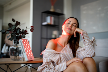 SkinPure Therapy Pro: kobieta używa urządzenia do terapii światłem LED, relaksując się z czerwonym światłem na twarzy.