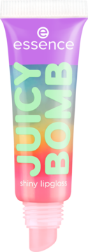 Essence Juicy Bomb shiny lip gloss w fioletowej tubce, transparentnej z różowo-żółtym gradientem, widok z otwartym dnem.