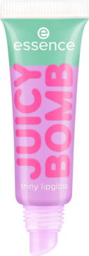 Essence JUICY BOMB błyszczyk do ust, miętowo-fioletowa tubka z różowym napisem, widok z przodu.