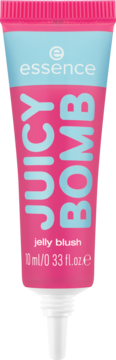 Róż w galaretce Essence Juicy Bomb w różowej tubce z jasnoniebieskimi napisami i logo, widok z przodu.