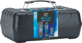 Zestaw Dove Men+Care Cleanse + Care w ciemnoszarej, teksturowanej skrzynce, z niebieską etykietą, widok z przodu.