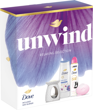 Zestaw Dove Unwind: białe pudełko z fioletowym wzorem, zawiera żel, dezodorant, mydło i kominek. Widok z przodu pod kątem.