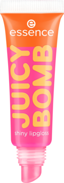 Essence Juicy Bomb shiny lipgloss, subtelny róż, tubka pomarańczowo-różowa z żółtym napisem, przód.