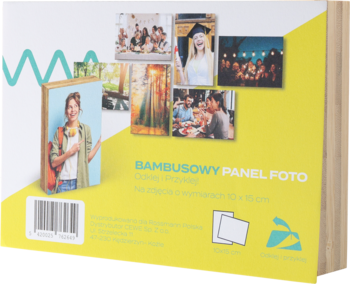 Tył żółtego opakowania bambusowego panelu foto 10x15, ze zdjęciami, opisem PL i kodem kreskowym.