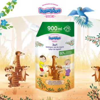 Zapas Bambino Dzieciaki 3w1 900ml w zielonej saszetce z postaciami dzieci i surykatek, na tle dżungli.