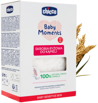 Chicco Baby Moments skrobia ryżowa do kąpieli, białe opakowanie z różowym sercem, widok z przodu i boku.
