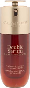 Clarins Double Serum, dwufazowe serum przeciwstarzeniowe w złotej butelce z pompką, widok z przodu.