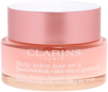 Różowy krem Clarins Multi-Active Jour SPF 15 z niacynamidem w okrągłym słoiku, widok z przodu.