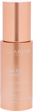 Clarins Total Eye Smooth, różowo-złoty balsam pod oczy. Opakowanie cylindryczne z tekstem "Firming, wrinkle-smoothing".