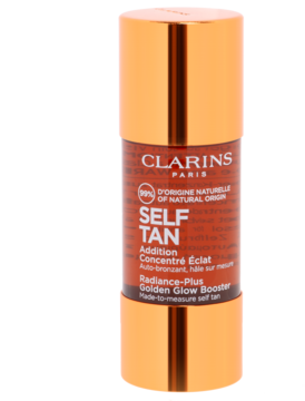 Koncentrat samoopalający Clarins Self Tan Radiance-Plus Golden Glow Booster, brązowo-złota butelka, widok z przodu pod kątem.