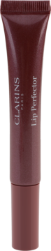 Clarins Lip Perfector Mulberry Glow, błyszczyk do ust w ciemnobordowej tubce, pionowy napis, widok z przodu.