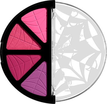 NYX Wednesday Stained Glass Blush: półotwarta, okrągła paleta 4 intensywnych, chłodnych różów; wieko z wzorem.