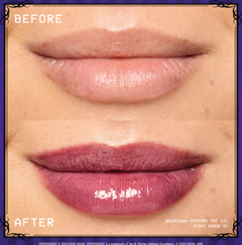 NYX Wednesday Mystery Lip Oil, Before & After: natural lips vs. glossy, darker berry-pink lips.