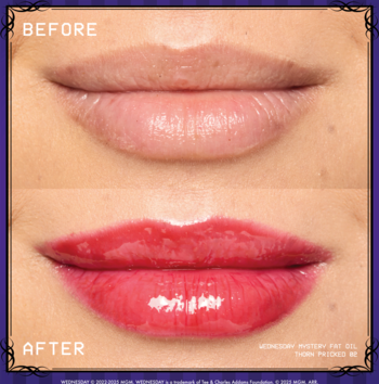 NYX Wednesday Mystery Lip Oil Thorn Pricked: usta przed i po, od naturalnych do błyszczących, intensywnie różowych.