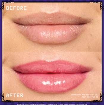 NYX Wednesday Mystery Lip Oil: Przed i po nałożeniu. Usta zmieniają odcień na różowy, są nawilżone i lśniące.