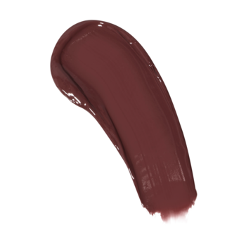 Swatch błyszczyka Revolution Pout Lip Gloss Stick Chocolate Ganache, ciemny brąz z połyskiem, na białym tle.