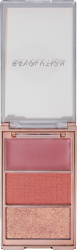 Revolution Blush Icon Palette Aura Points Rose, otwarta. Kremowy róż, matowy koral, rozświetlacz. Widok z góry, logo odbite.