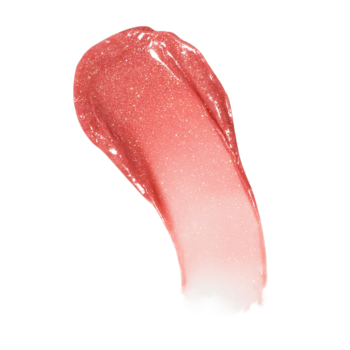 Błyszczący swatch Revolution Pout Lip Gloss Stick Shimmer Sugar Cookie Pink, koralowo-różowy z iskrzącym połyskiem.