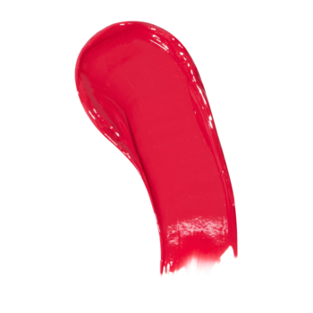 Revolution Pout Lip Gloss Stick Cherrylicious. Jaskrawoczerwona, błyszcząca smuga kremowego błyszczyka na białym tle.