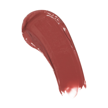 Test koloru Revolution Pout Lip Gloss Stick Toffee Nude: rudobrązowa, błyszcząca smuga błyszczyka na białym tle.