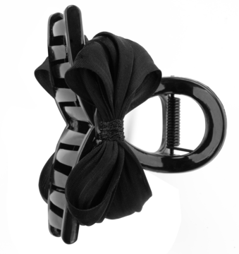 Czarna klamra do włosów Paris Romance z błyszczącego tworzywa, widok z boku, duża marszczona kokarda.