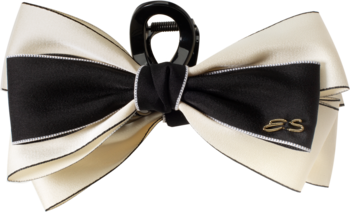 Klamra do włosów Paris Elegance Ewa Schmitt RKK112: satynowa czarno-kremowa kokarda z logo ES, widok z przodu.