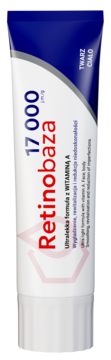 Biało-niebieska tuba Retinobaza 17 000, krem z witaminą A do twarzy i ciała, widok pionowy.
