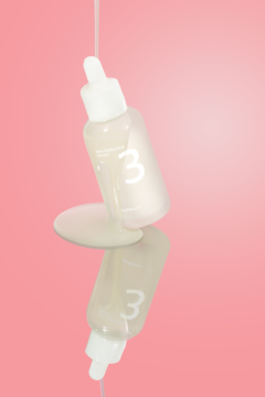Matowe serum naprawcze z cyfrą '3' i pipetą, zawieszone pionowo na jasnoróżowym tle, z odbiciem.