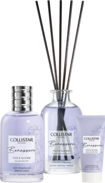 Zestaw Collistar Benessere Fico E Glicine: fioletowa woda toaletowa, krem i dyfuzor z patyczkami, widok z przodu.