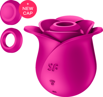Różowy Satisfyer Pro2 Modern Rose, stymulator łechtaczki w kształcie róży, z widocznymi nakładkami i napisem 'NEW CAP'.
