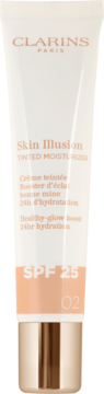 Biała tubka Clarins Skin Illusion Tinted Moisturizer SPF 25, odcień 02, ze złotym wieczkiem i brzoskwiniowym odcieniem na dole.