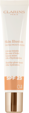Biała tubka Clarins Skin Illusion Tinted Moisturizer SPF 25, z pomarańczowym gradientem odcienia 02 u dołu, widok z przodu.