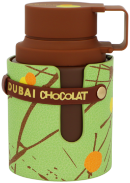 Armaf Odyssey Dubai Chocolat woda perfumowana męska. Zielono-brązowa butelka z imitacji skóry, z napisem DUBAI CHOCOLAT.