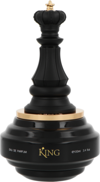 Czarna woda perfumowana Armaf Checkmate King Eau de Parfum, butelka w kształcie króla szachowego ze złotymi detalami.