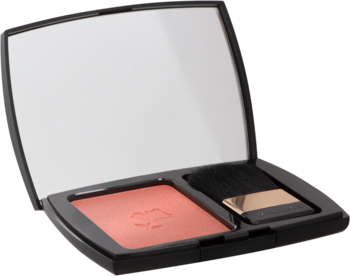 Otwarta czarna puderniczka Lancôme Blush Subtil Rose Sable, z lusterkiem, brzoskwiniowym różem i pędzlem.