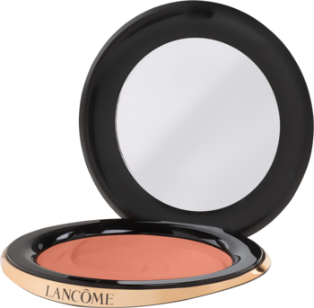 Bronzer w kamieniu Lancôme Teint Idole Ultra Wear, otwarty, czarny kompakt ze złotym brzegiem, z lusterkiem i matowym pudrem.