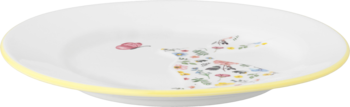 Biały talerz dziecięcy z żółtym brzegiem i kolorowym wzorem zajączka z kwiatów, widok z góry pod kątem.