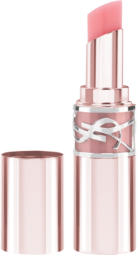 Balsam koloryzujący YSL Love Shine Candy Glow 1B Pink Sunrise, z wysuniętym różowym sztyftem i otwartą różowozłotą tubką.