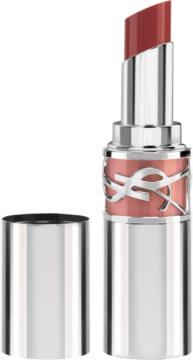 Błyszcząca pomadka YSL Love Shine Nude Lingerie, otwarta, z lśniącym sztyftem i srebrnym opakowaniem z logo.