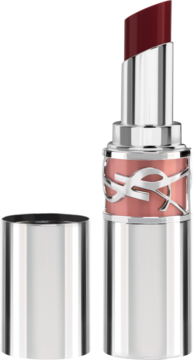 Yves Saint Laurent Love Shine pomadka Love Berry, otwarta, wysunięty sztyft, błyszczący kolor bordo, srebrne opakowanie.
