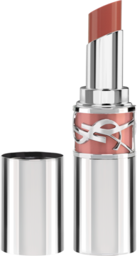 Yves Saint Laurent Love Shine pomadka w odcieniu Rosy Sand, otwarta, z wysuniętym sztyftem i srebrną nakrętką z boku.