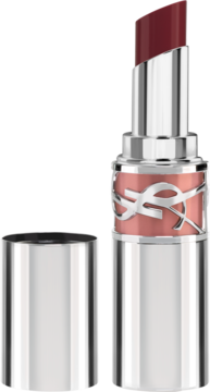 Błyszcząca pomadka YSL Love Shine Blushed Mallow, otwarta z jagodową szminką, srebrne etui, obok nakrętka.