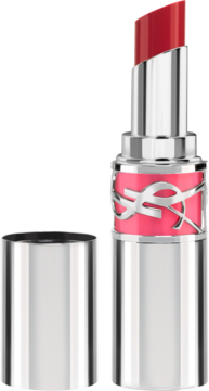 Yves Saint Laurent Loveshine Candy Glaze Red Thrill, otwarty błyszczyk w sztyfcie, srebrna obudowa z różowo-srebrnym logo.