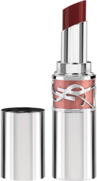 Otwarta błyszcząca pomadka YSL Love Shine w srebrnej oprawie, odcień Glowing Lava, ciemnoczerwony sztyft.